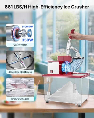 Image of VEVOR Commercial Ice Crusher 661LBS /H, 350W Electric Snow Cone Machine with 4 Blades, 2000RPM Stainless Steel Shaved Ice Machine with 11 Gal Crushed-Ice Box, for Family Restaurants Bars, Red