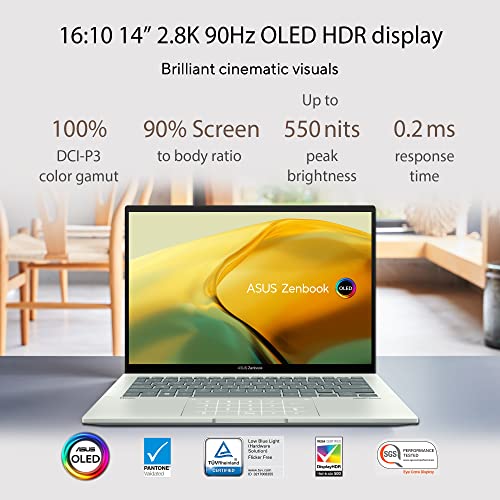 Image of ASUS Zenbook 14 OLED (2022), 14 inch (35.56 cms) 2.8K OLED 16:10 90Hz, Intel Core i5-1240P 12th Gen, Thin and Laptop (16GB /512GB SSD /Iris Xe Graphics /Win 11 /Office 2021 /Celadon /1.39 kg), UX3402ZA-KM532WS