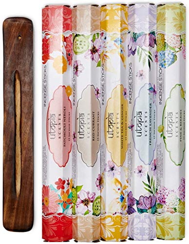 Utopia Scents Premium Quality Incense Sticks. Pine & Berries, Red Currant, French Lavender, Patchouli Neroli, White Tea & Ginger. Variety Gift Pack 75 Sticks, Includes A Free Holder #TOP1
