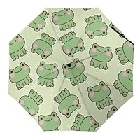 Rnivry Cute Frog Travel Umbrella Kawaii Nature Windproof Compact Automatic Open/Close Folding Rain Umbrellas Collapsible Auto Portable Umbrella for Women Girls Kids