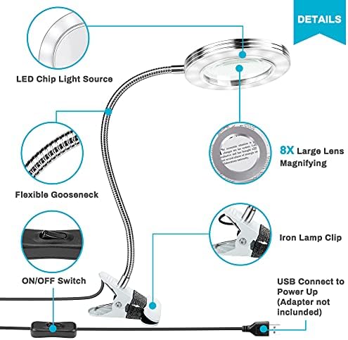 Magnifying Light, Upkey 8X Magnifying Glass with Light LED, 360°Flexible Desk Light with Metal Clamp USB Powered for Hobbies Reading Artist Crafts Workbench Close Work
