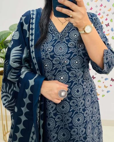 Image of Rangnavi Women's Pure Cotton Printed Straight Kurta with Pants and Dupatta Set | Ethnic Set | Suit Set | Kurta Set