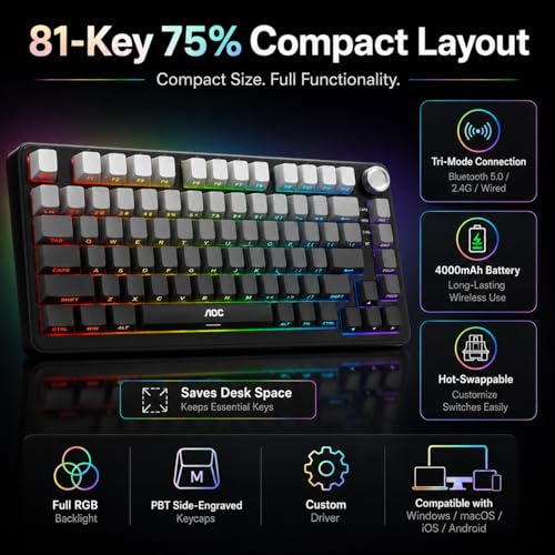 Image of AOC GK330 Gaming Keyboard, Hot Swappable Wireless Mechanical Keyboard Support BT /2.4GHz /USB-C, RGB Backlit, Pre-lubed Reaper Switches, Anti-ghosting, 75% Gasket Custom Keyboard with Five-Layer Padding