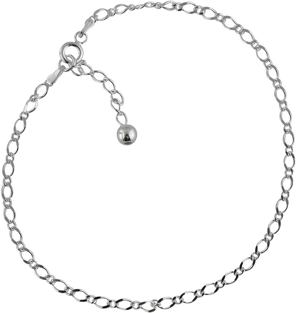 Anklet Chain Rombo Figaro Sterling Silver 925 Adjustable 9-10 Inch