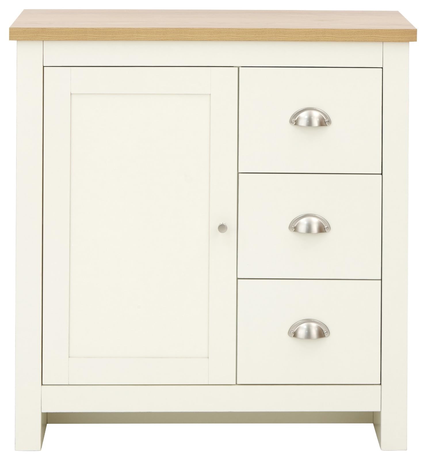 GFW Lancaster Multi Storage Unit, Cream and Oak Effect Cabinet with 1 Door and 3 Drawers, Country Cottage Living Room and Dining Room Furniture