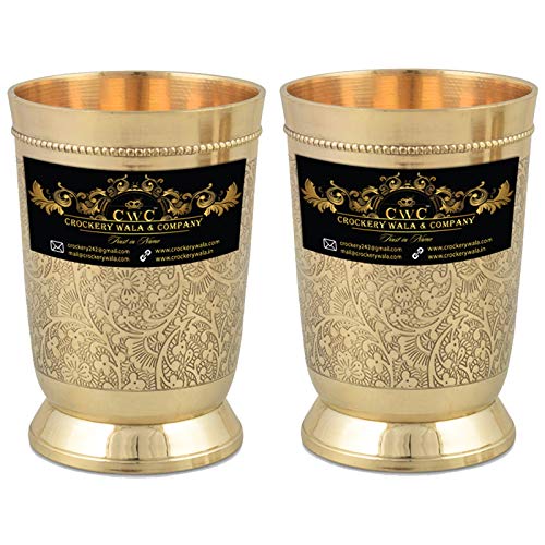 Crockery Wala And Company Pure Brass Glass Tumbler for Serving Water Embossed Hotel Serveware 330 ML – 2Pcs