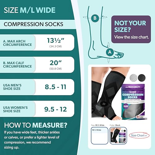 Image of BraceAbility Wide Calf Compression Socks - 20-30 mmHg Open Toe Stockings for Men or Women - Extra Wide Knee High Support for Varicose Veins, Swelling, Neuropathy, RLS - 1 Pair (M /L WIDE - Black)