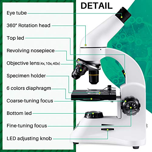 BEBANG 200X-2000X Microscope, All-Metal Optical Glass Lenses, Coarse and Fine Focusing, 25X Widefield Eyepiece and Complete Accessories Kit - Thumbnail 4