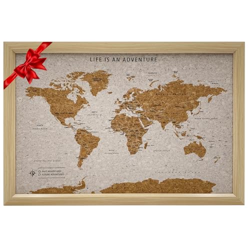 Splosh Mappa da Viaggio Incorniciata - Piccola Tavoletta in Legno Bianco con 100 Puntine. Tavola in Sughero. Mappa del Mondo in Sughero su Tavola in Legno, Mappa del Mondo in Sughero per Viaggi in