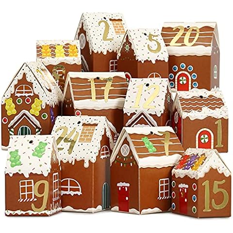 Papierdrachen DIY Advent Calendar for Crafts and Filling, House Set, Gingerbread Houses, 24 Colourful Folding Boxes for Standing and Decorating, 24 Boxes, Christmas Village, Reusable Cover