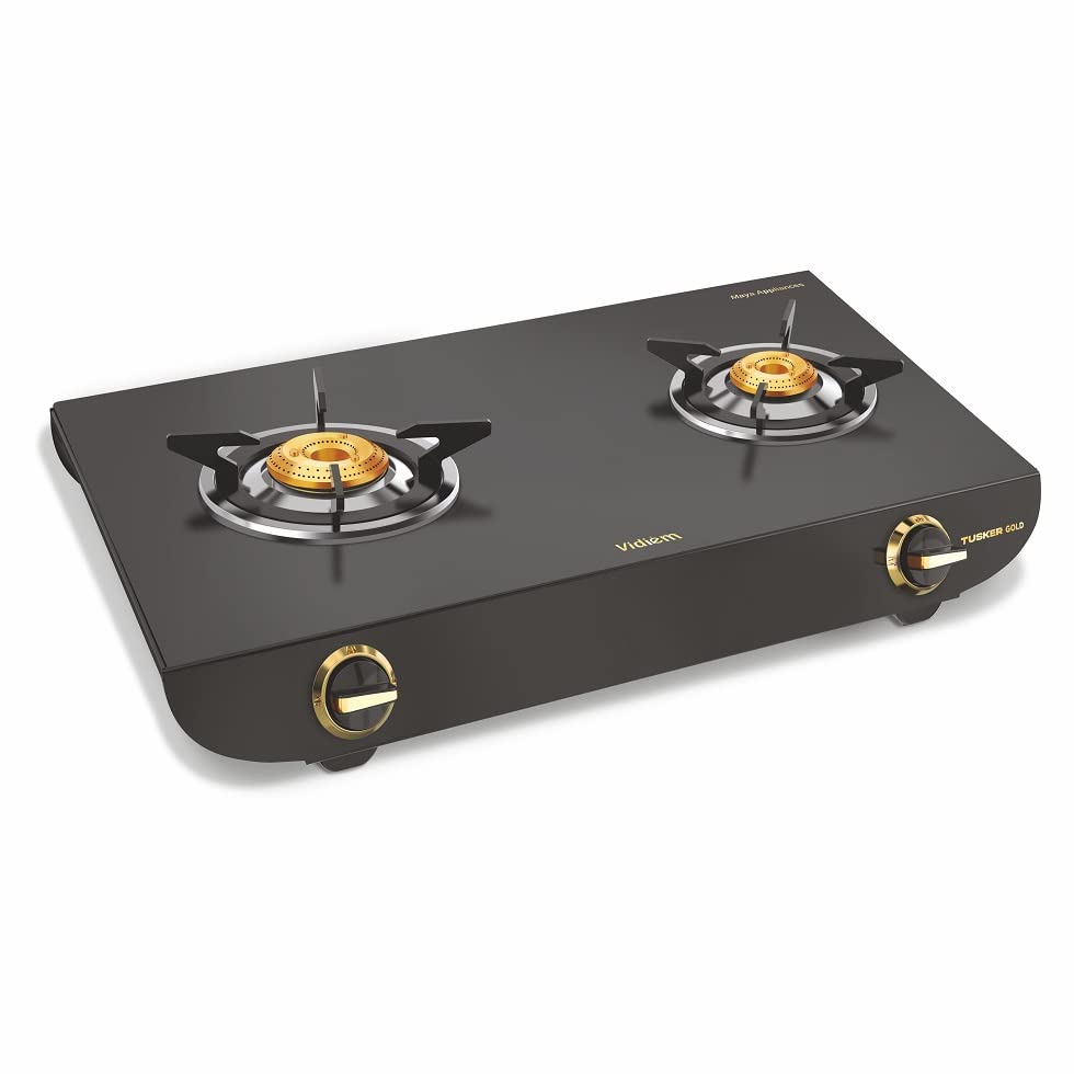 Image of Vidiem Gas Stove S2 240 A Tusker Gold (Black) | Glavanized Iron 2 Burner framelesss Gas Stove | Manual Ignition | Safety, Reliability, High Efficiency | 5 years warranty