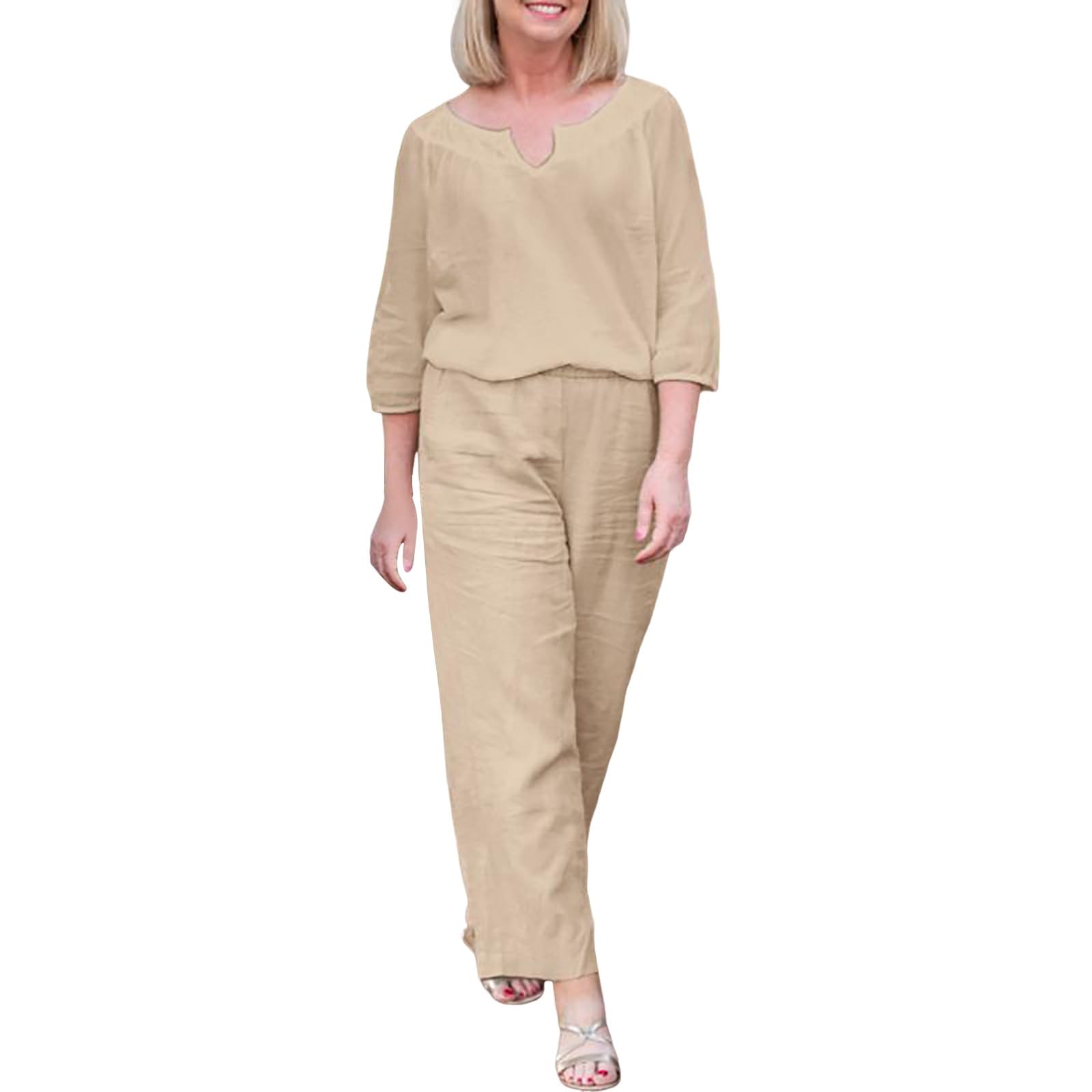 BuoloWomen's 2 Piece Outfit Sets Women Casual Solid V Neck Half Sleeve Shirt Blouse Elastic Waist Pocket Pant Set Suits Overalls