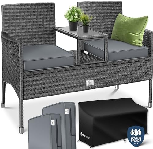 KESSER Polyrattan Garden Bench with Table, 2 Seater, 143 x 63 x 8...