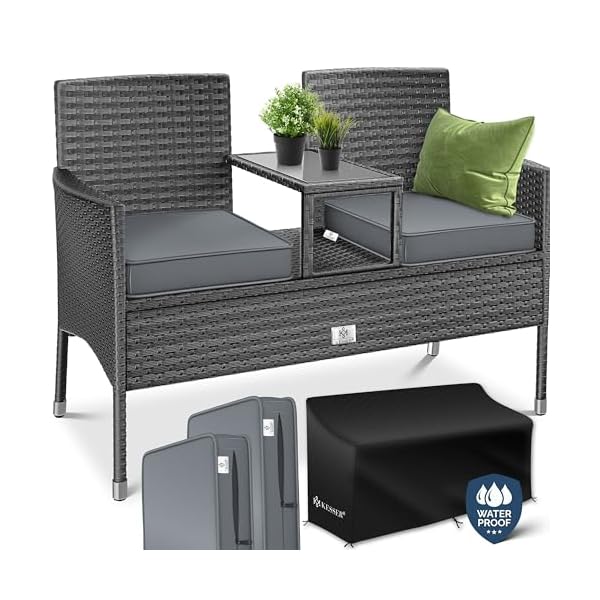 Polyrattan Gartenbank 2-Sitzer mit Tisch Anthrazit