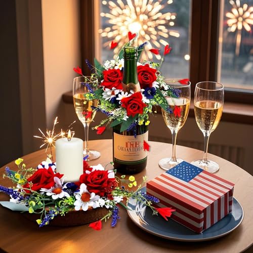 Image of 6 Pcs 4th of July Red White and Blue Candle Rings Wreath 3 Inch Patriotic Candle Rings Mini Wreath American Independence Day Rings Wreaths for Table Window Door Decor