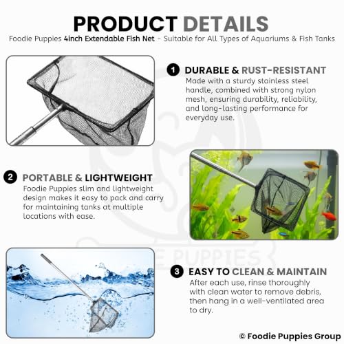 Image of Foodie Puppies Extendable Fish Net (4 Inch /10 cm) | Aquarium Fish Net with 9-22 Inch Telescopic Handle for Betta, Small Koi Pond & Pool | Stainless Steel Handle, Fine Mesh Net for Fish & Shrimp Tank