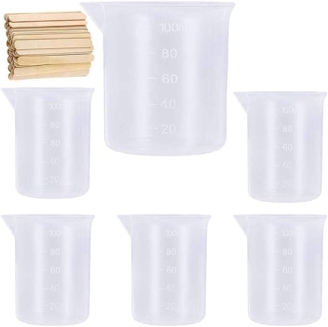 TSKDKIT 6 Pcs 100ml Silicone Measuring Cups for Resin Silicone Measuring Jugs Small Graduated Cups Little Graduated Beakers for Epoxy Casting Molds, Paint, Art, with 20 Wooden Sticks