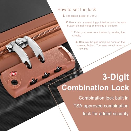 Carry on Luggage, 20 IN Carry-on Suitcase with Spinner Wheels, Hardside 3PCS Set Lightweight Rolling Travel Luggage with TSA Lock (Black)3