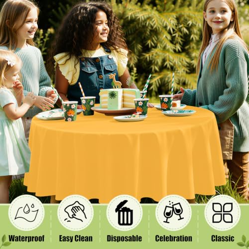 Image of Smiry Disposable Table Cloth - 6 Pack, 84 Inch Round Waterproof Tablecloths for Parties, Decorative Plastic Table Cover, Leakproof & Sturdy, Mustard Yellow