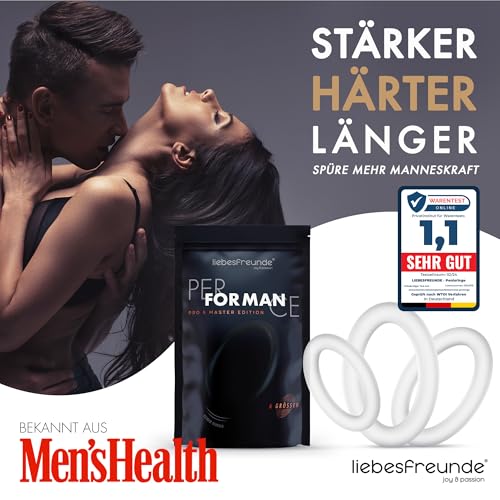 Liebesfreunde® Deluxe Penisring Set - 6 dehnbare Cockringe für härtere Erektionen, Penis- und Hodenringe für Männer - Perfekte Passform, Sex Spielzeug für Paare, transparent