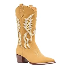 Womens Mid-Calf Western Boots Embroidered Leather Suede 5cm Block Heel All-Season Stylish Comfort