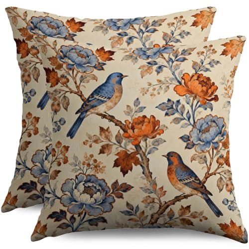 Housse coussin oiseau floral automne 20x20 ensemble 2, orange brûlé