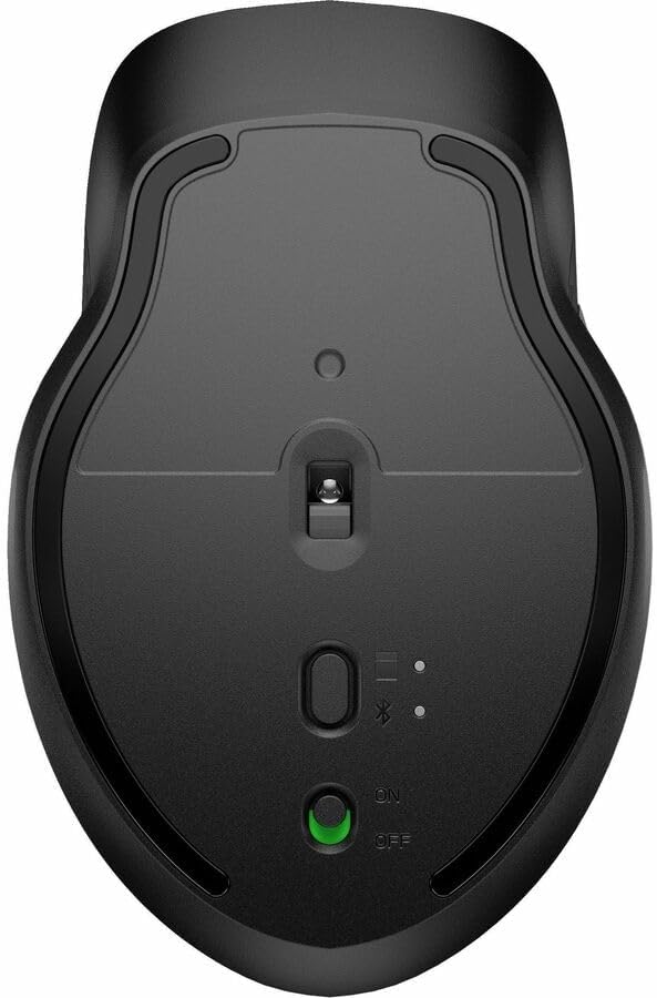 Underside view of the HP 435 Multi-Device Wireless Mouse showing the ON/OFF switch and connection button