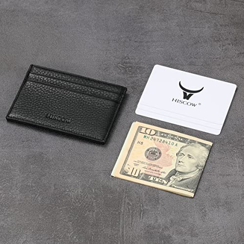 Image of HISCOW Slim Full Grain Leather Card Holder with ID Window, Pebbled Black | Men's minimalist EDC wallet, front pocket carry, 2 credit card slots & center pocket, fits folded bills, premium gift box