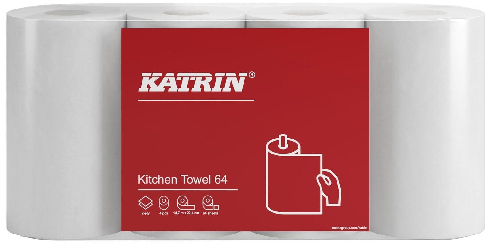 32 Katrin 87075 kitchen rolls, 64 sheets per roll, 2-ply, white, very absorbent, 22.4 x 23 cm sheet size, certified with the EU Ecolabel, packaging unit = 8 bags of 4 rolls = 32 rolls