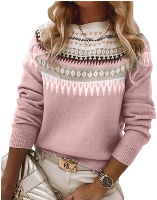 Women's Fair Isle Sweater Casual Vintage Crew Neck Knitted Sweater Cute Graphic Fall Fashion Pullover Jumper Tops