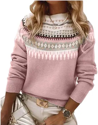 Women's Fair Isle Sweater Casual Vintage Crew Neck Knitted Sweater