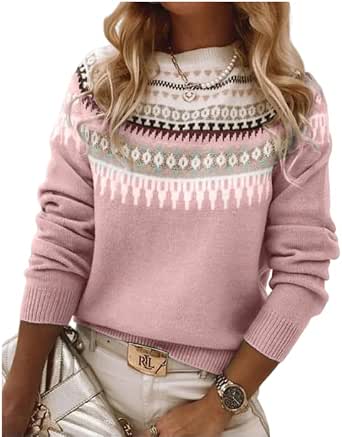 Women's Fair Isle Sweater Casual Vintage Crew Neck Knitted Sweater
