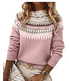 Women's Fair Isle Sweater Casual Vintage Crew Neck Knitted Sweater Cute Graphic Fall Fashion Pullover Jumper Tops Pink