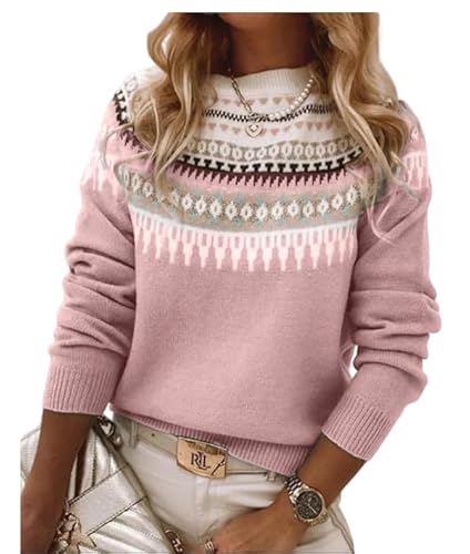 Women's Fair Isle Sweater Casual Vintage Crew Neck Knitted Sweater