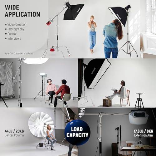 Image of NEEWER SC186W Stainless Steel Heavy Duty C Stand with Swivel Casters | 43 inch-73 inch /110-186cm, Photography Light Stand, 33 inch /83cm Boom Arm, 2 Grip Heads, for Studio Monolight, Softbox, Reflector