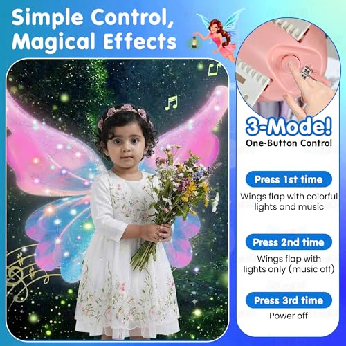 Image of Kidology Electric Butterfly Wings for Girls 3+ Years | LED Light-Up Moving Magical Fairy Wings with Music | Princess Costume Accessory for Halloween, Christmas & Birthday Parties