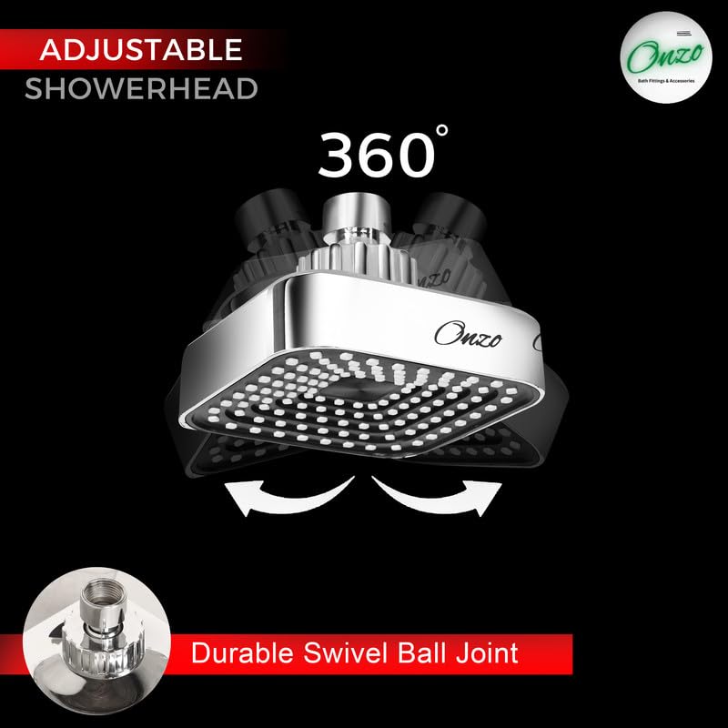Image of Onzo ZS 4-Inch ABS Overhead Rain Shower Head| 360 Adjustable Swivel Ball Joint | Chrome Finish | Durable & Rust-Proof High-Pressure Bathroom Shower