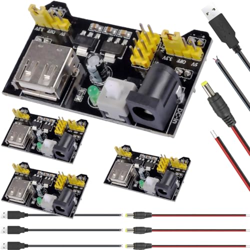 DAOKAI 4 pcs Power Supply Module 3.3V 5V Breadboard Power Module with USB male two-core cable DC male two-core cable for Arduino DIY Electronic circuit production