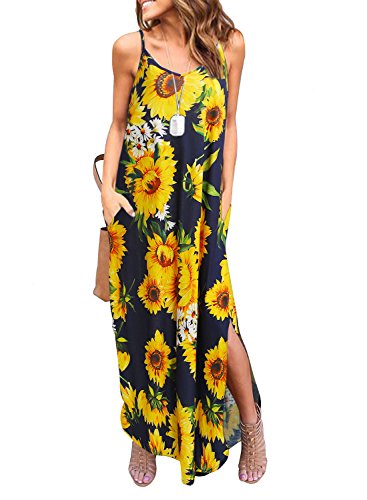 Image of HUSKARY Women's Summer Casual Sleeveless V Neck Strappy Split Loose Dress Beach Cover Up Long Cami Maxi Dresses with Pocket