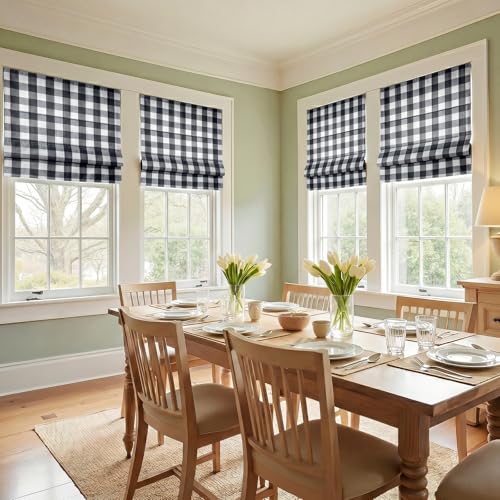 Image of TWOPAGES No Drill Cordless Buffalo Plaid Roman Shades Gingham Checkered Roman Blinds for Windows, Custom Made Room Darkening Blinds Farmhouse Shades, Black Grid, 1 Piece