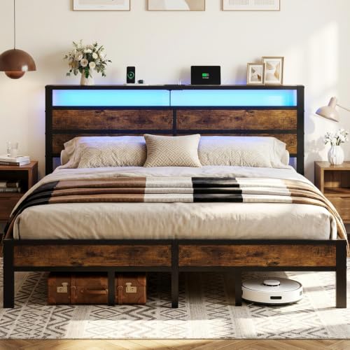 Image of King Size Bed Frame with LED Lights and Charging Station | Brown Metal Platform Bed, Wood Headboard, Sturdy Slats, No Box Spring Needed, Noise Free, Easy Assembly