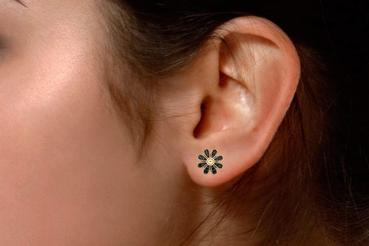 Black Natural Diamond Daisy Stud Earrings in 14k Gold Plated 925 Sterling Silver For Women (1/10 Cttw, Black Color, I2-I3 Clarity)