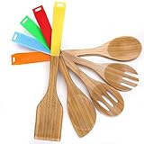 COOKSMARK 5 Piece, 13-Inch Bamboo Wood Nonstick Cooking Utensils - Wooden Spoons and Spatula Utensil Set with Multicolored Silicone Handles in Red, Yellow, Green, Orange, Blue