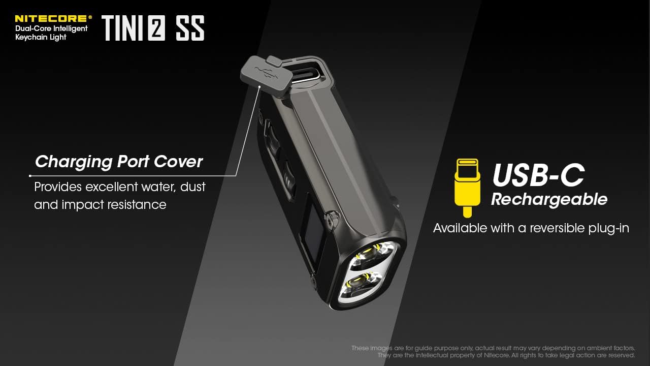 Nitecore TINI 2 Keychain Flashlight, Stainless Steel 500 Lumen USB-C Rechargeable with Digital Display and LumenTac Keychain Light