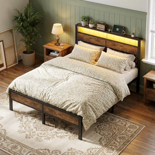 Image of Queen Size Bed Frame with LED Lights and USB Type C Charging Headboard | Brown Metal Platform Bed, Charging Station, Storage Shelf, Noise Free, No Box Spring Needed