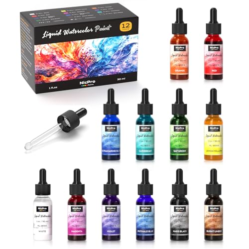 Nicpro 12 Colors Liquid Watercolor Paint Set 30ml (1oz) Ink Dropper Bottles Liquid Watercolor Paint Non-Toxic Water Colors Painting Supplies for Calligraphy Illustration Journaling & Crafts