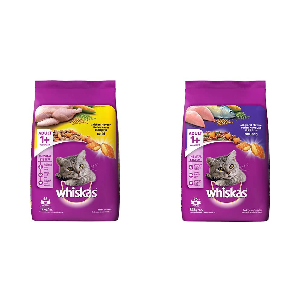 Whiskas Adult (+1 Year) Dry Cat Food, Chicken Flavour, 1.2kg Pack & Whiskas Adult (+1 Year) Dry Cat Food, Mackerel Flavour, 1.2kg Pack