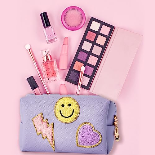 LieToi Preppy Patch Small Toiletry Bag, Smile Lightning Heart PU Leather Portable Waterproof Makeup Cosmetic Bag Daily Use Storage Purse Travel Organizer Compliant Bag for Women Girls (Taro Purple)3