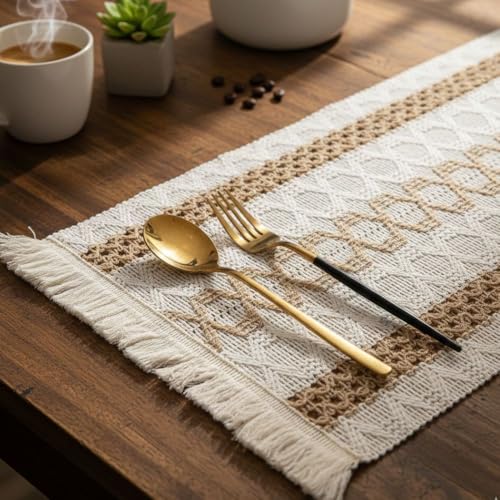 Image of HomeCloud Croshia Woven Table placemat - Heat Resistant, Washable Table Decoration for Dining, Office, Kitchen, Hotel, and Home (Rec White Baige, Set of 6)