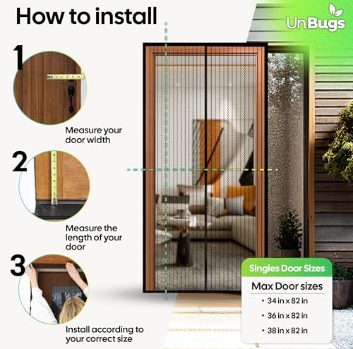 UnBugs Magnetic Screen Door - Fits Doors up to 34 x 82 Inches Max (Item Size 36 x 83) - Pet & Kid Friendly Self-Closing - Hands Free Magnet Closure - Bugs Out & Breeze In